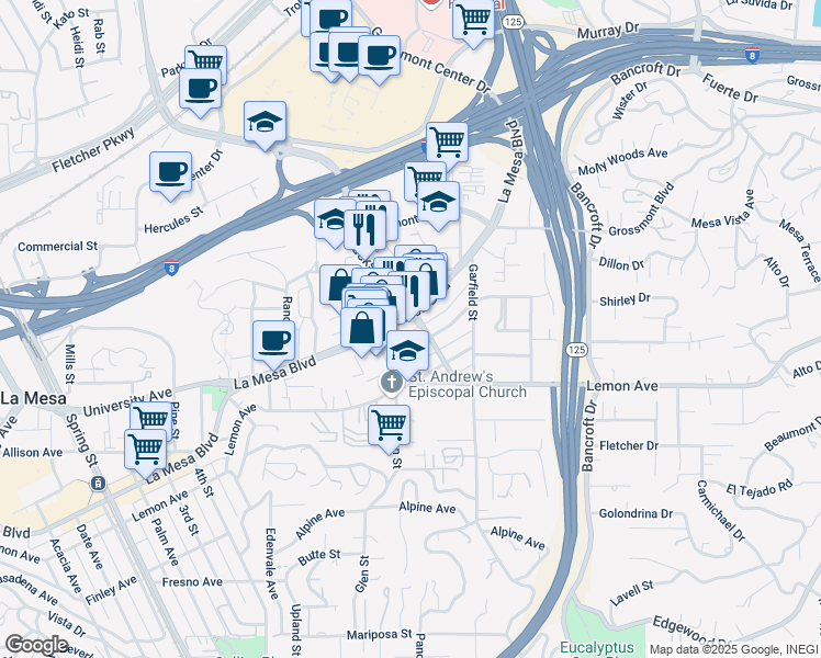 map of restaurants, bars, coffee shops, grocery stores, and more near 8758 La Mesa Boulevard in La Mesa