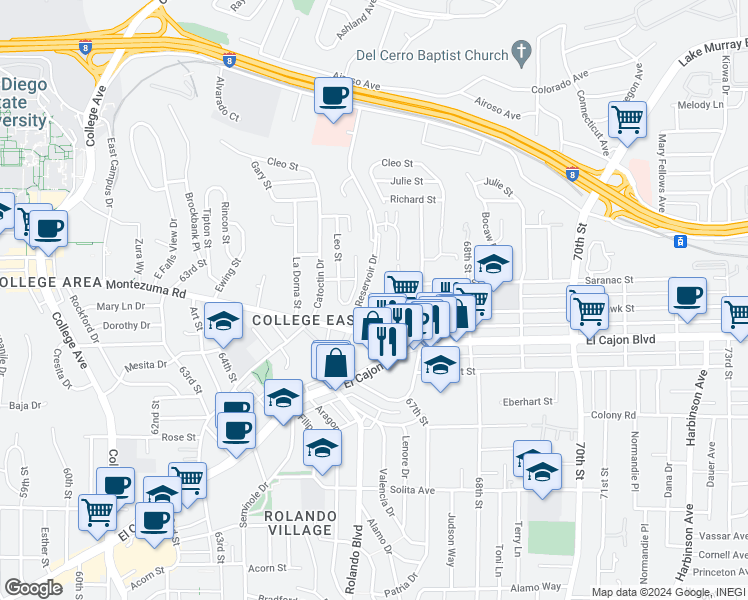 map of restaurants, bars, coffee shops, grocery stores, and more near 6615 Reservoir Court in San Diego