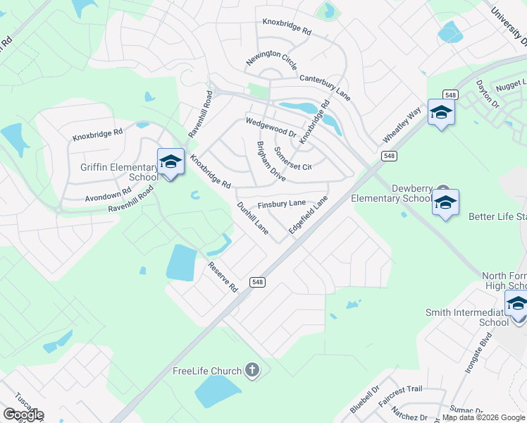 map of restaurants, bars, coffee shops, grocery stores, and more near 1040 Finsbury Lane in Forney