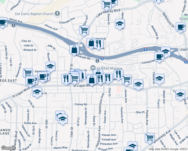 map of restaurants, bars, coffee shops, grocery stores, and more near 7180-82 Mohawk Street in San Diego