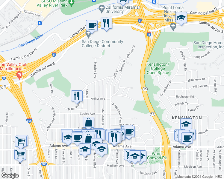 map of restaurants, bars, coffee shops, grocery stores, and more near 5031 35th Street in San Diego