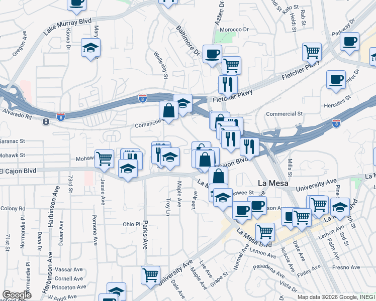 map of restaurants, bars, coffee shops, grocery stores, and more near 5092 Guava Avenue in La Mesa