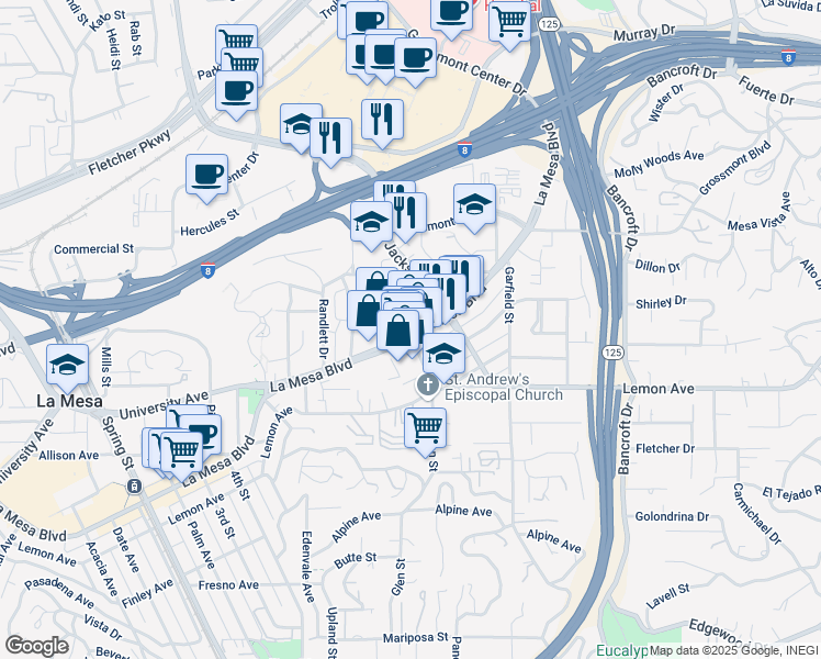 map of restaurants, bars, coffee shops, grocery stores, and more near 8653 Washington Avenue in La Mesa