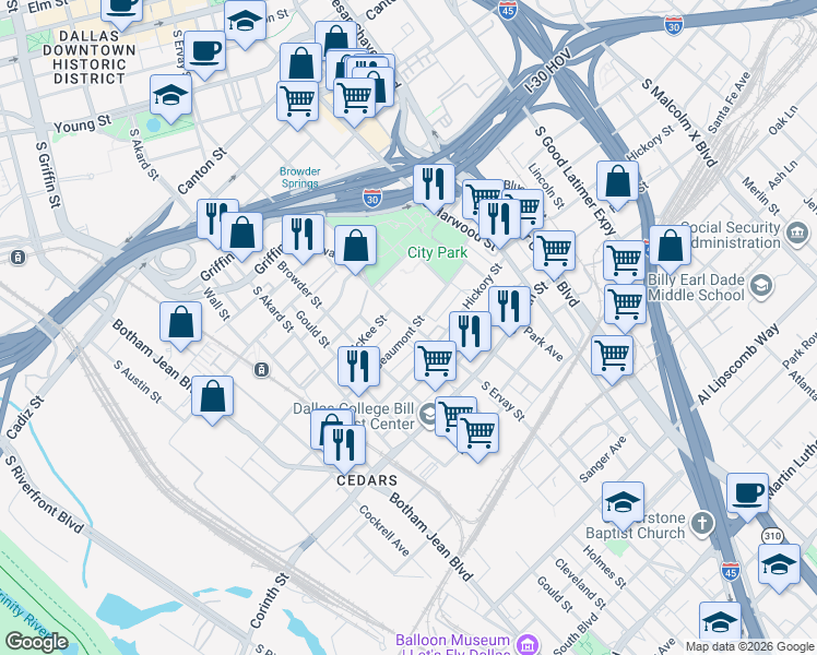 map of restaurants, bars, coffee shops, grocery stores, and more near 1719 South Ervay Street in Dallas