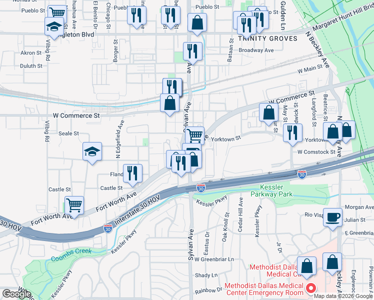 map of restaurants, bars, coffee shops, grocery stores, and more near 757 Fort Worth Avenue in Dallas