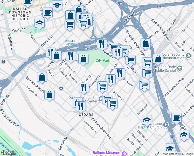 map of restaurants, bars, coffee shops, grocery stores, and more near 1771 South Ervay Street in Dallas