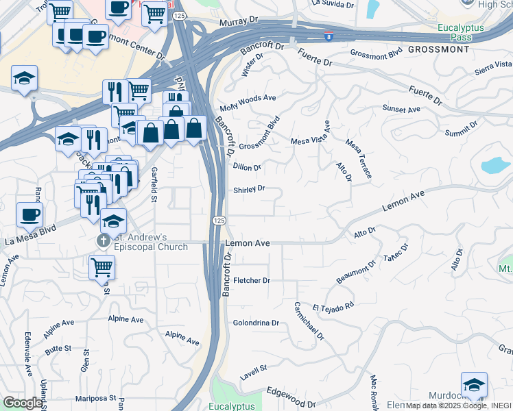 map of restaurants, bars, coffee shops, grocery stores, and more near 5039 Knoll Court in La Mesa