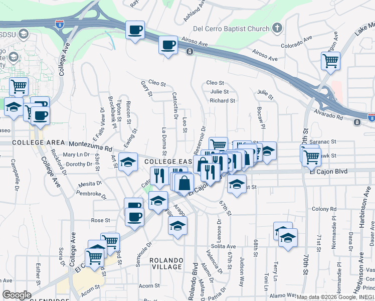 map of restaurants, bars, coffee shops, grocery stores, and more near 5075 Leo Street in San Diego