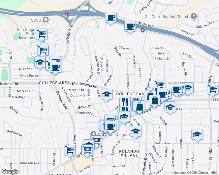 map of restaurants, bars, coffee shops, grocery stores, and more near 5119 Ewing Street in San Diego