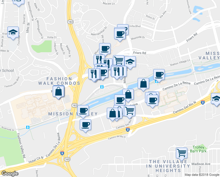 map of restaurants, bars, coffee shops, grocery stores, and more near 7611 Hazard Center Drive in San Diego