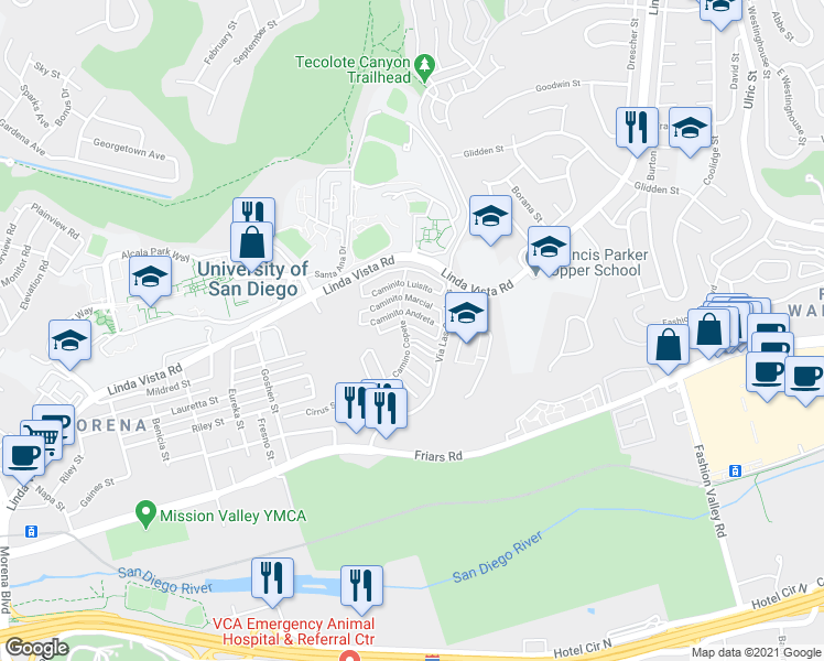 map of restaurants, bars, coffee shops, grocery stores, and more near 6367 Caminito Andreta in San Diego