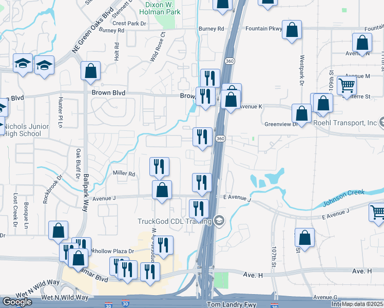 map of restaurants, bars, coffee shops, grocery stores, and more near 2410 Hollowridge Lane in Arlington