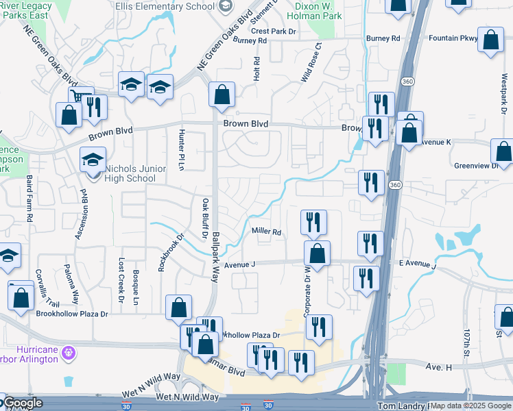 map of restaurants, bars, coffee shops, grocery stores, and more near 2205 Beechwood Drive in Arlington