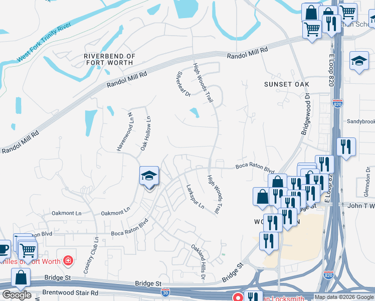 map of restaurants, bars, coffee shops, grocery stores, and more near 6101 Lantana Lane in Fort Worth