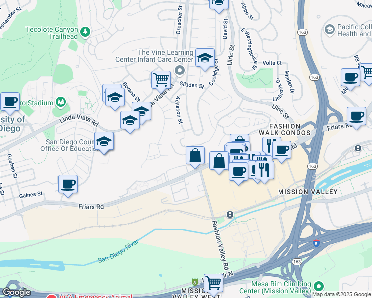 map of restaurants, bars, coffee shops, grocery stores, and more near 6745 Fashion Hills Boulevard in San Diego