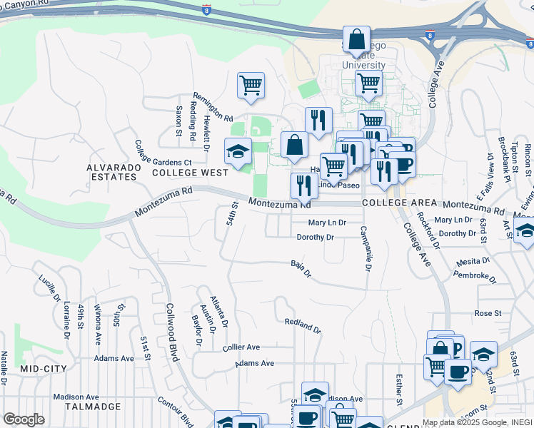 map of restaurants, bars, coffee shops, grocery stores, and more near Mary Lane Drive & Debby Drive in San Diego