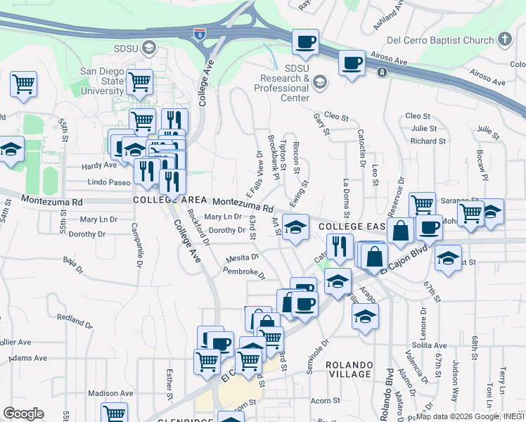 map of restaurants, bars, coffee shops, grocery stores, and more near in San Diego