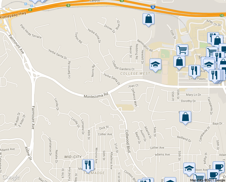 map of restaurants, bars, coffee shops, grocery stores, and more near 5077 Montezuma Rd in San Diego
