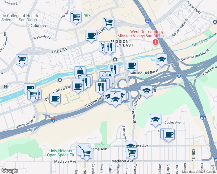 map of restaurants, bars, coffee shops, grocery stores, and more near 2019 Camino Del Este in San Diego