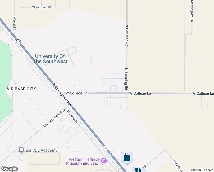 map of restaurants, bars, coffee shops, grocery stores, and more near 6121 North Greyhound Place in Hobbs