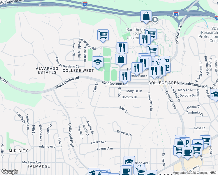 map of restaurants, bars, coffee shops, grocery stores, and more near 5438 Mary Lane Drive in San Diego