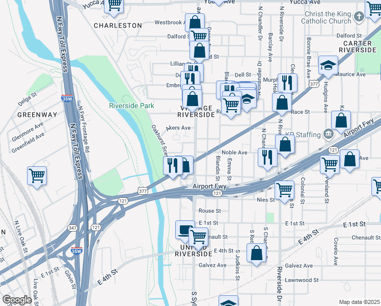 map of restaurants, bars, coffee shops, grocery stores, and more near 2508 Marshall Street in Fort Worth