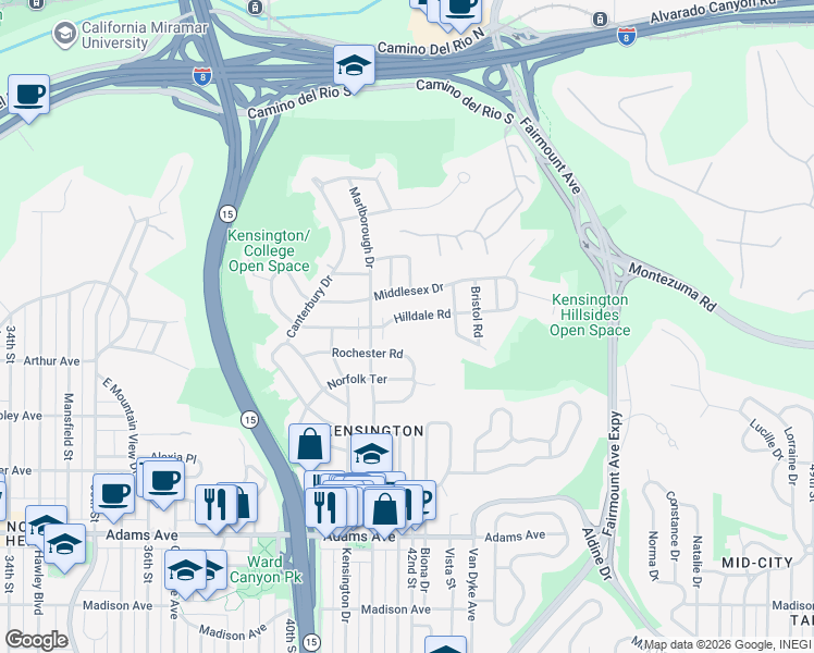 map of restaurants, bars, coffee shops, grocery stores, and more near 4179 Hilldale Road in San Diego