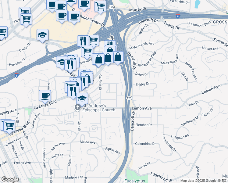 map of restaurants, bars, coffee shops, grocery stores, and more near 8980 Linden Lane in La Mesa