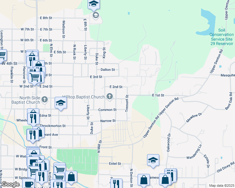 map of restaurants, bars, coffee shops, grocery stores, and more near 1010 Van Winkle Street in Weatherford