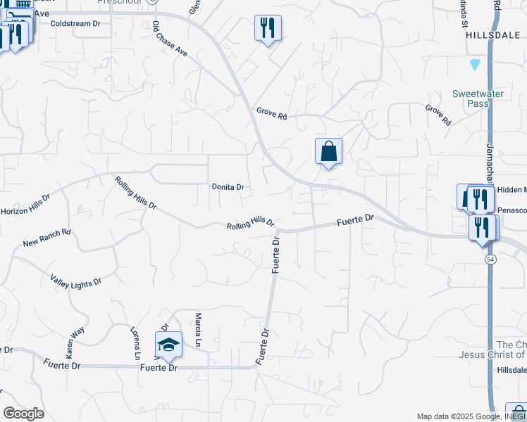 map of restaurants, bars, coffee shops, grocery stores, and more near 11534 Rolling Hills Drive in El Cajon