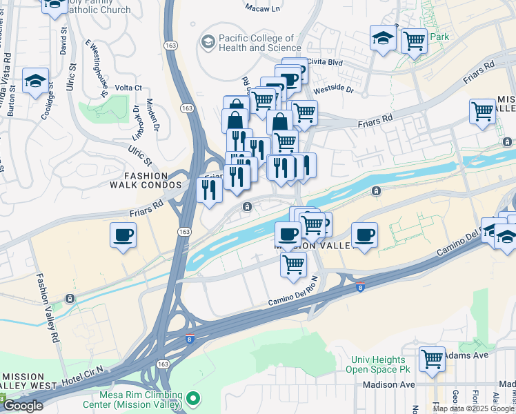 map of restaurants, bars, coffee shops, grocery stores, and more near 7611 Hazard Center Drive in San Diego