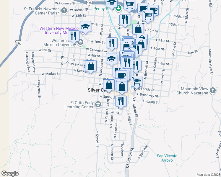 map of restaurants, bars, coffee shops, grocery stores, and more near 314 West Broadway Street in Silver City