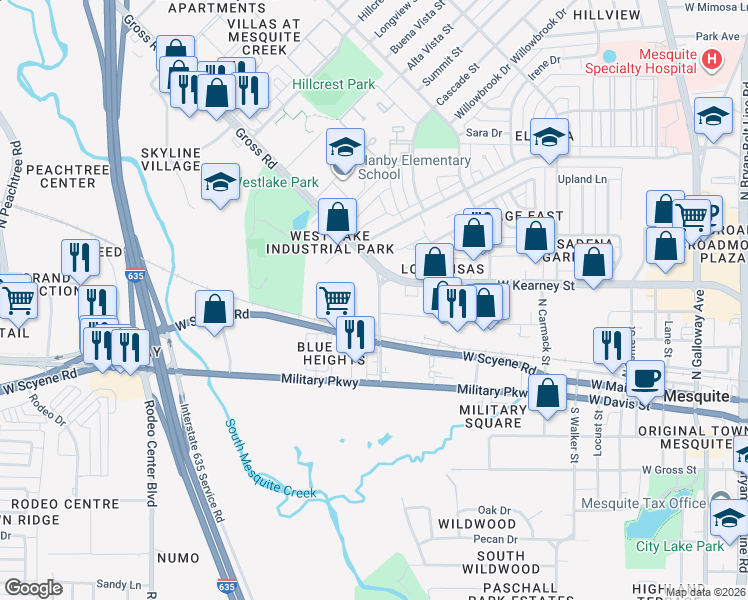 map of restaurants, bars, coffee shops, grocery stores, and more near in Mesquite