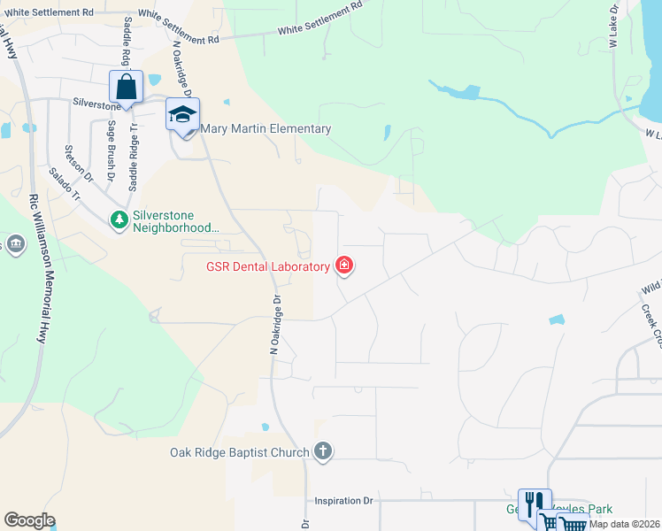 map of restaurants, bars, coffee shops, grocery stores, and more near 410 Gray Wolf Trail in Hudson Oaks