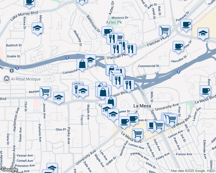 map of restaurants, bars, coffee shops, grocery stores, and more near 5055 Guava Avenue in La Mesa