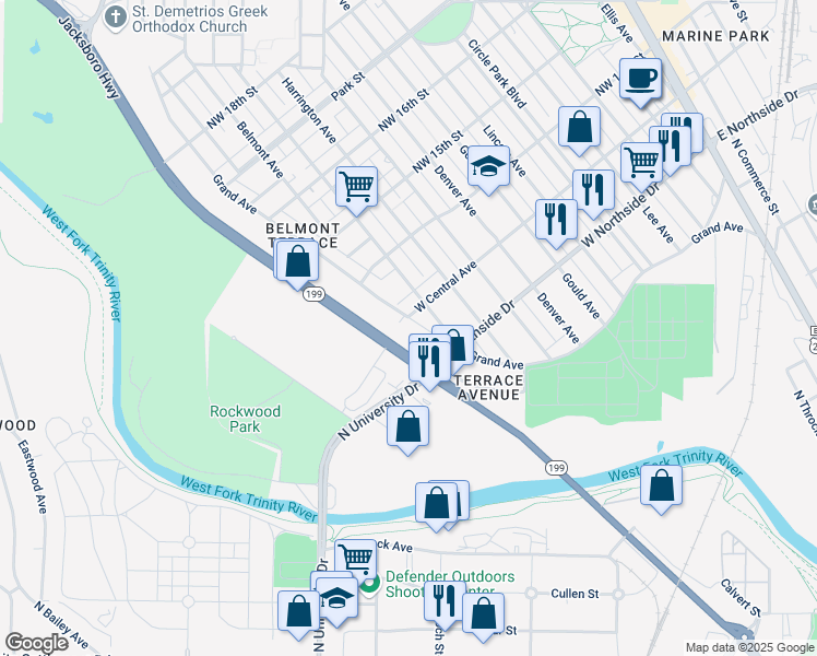 map of restaurants, bars, coffee shops, grocery stores, and more near 1323 Grand Avenue in Fort Worth