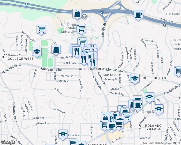 map of restaurants, bars, coffee shops, grocery stores, and more near in San Diego