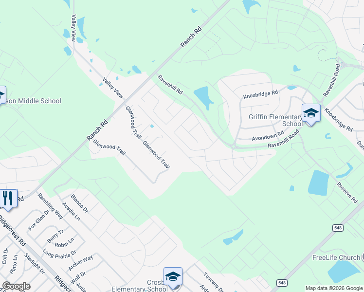 map of restaurants, bars, coffee shops, grocery stores, and more near 749 Brockwell Bend in Forney