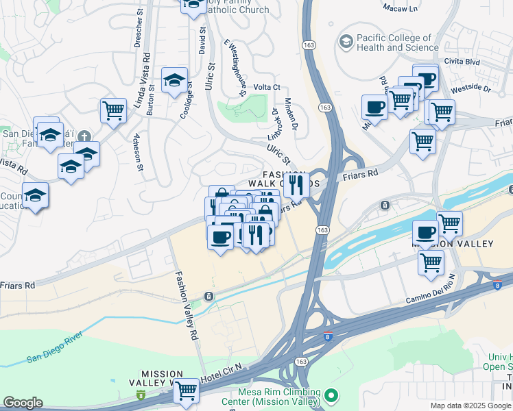 map of restaurants, bars, coffee shops, grocery stores, and more near 7084 Friars Road in San Diego