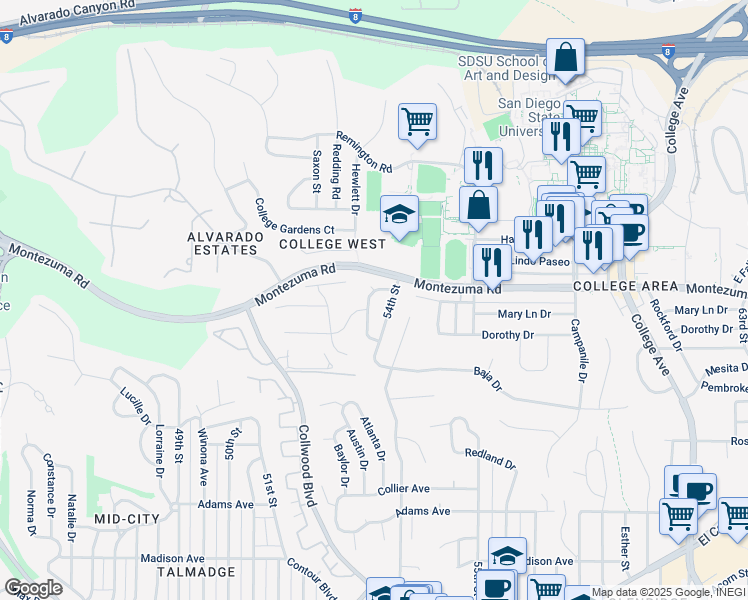 map of restaurants, bars, coffee shops, grocery stores, and more near 5055 Faber Way in San Diego