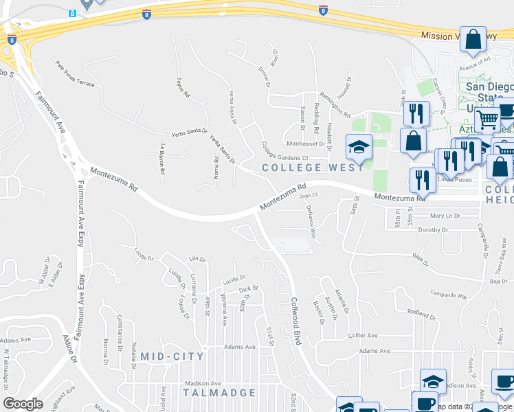 map of restaurants, bars, coffee shops, grocery stores, and more near 5090 Montezuma Road in San Diego