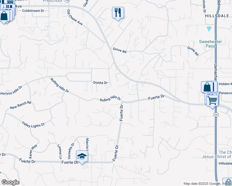 map of restaurants, bars, coffee shops, grocery stores, and more near 11534 Rolling Hills Drive in El Cajon