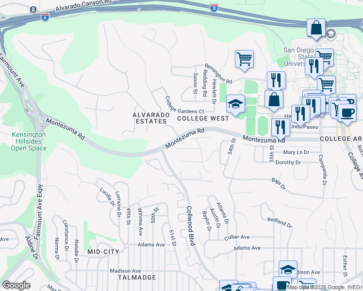 map of restaurants, bars, coffee shops, grocery stores, and more near 5201 Joan Court in San Diego