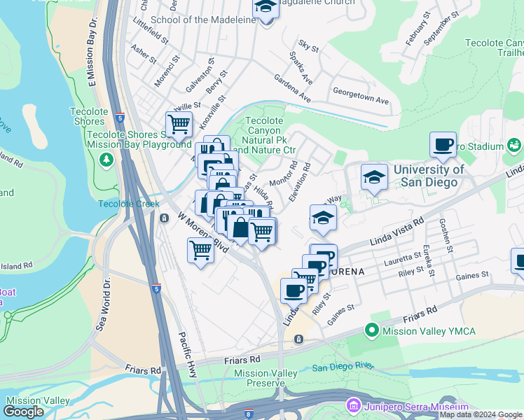 map of restaurants, bars, coffee shops, grocery stores, and more near 1295 Buenos Avenue in San Diego