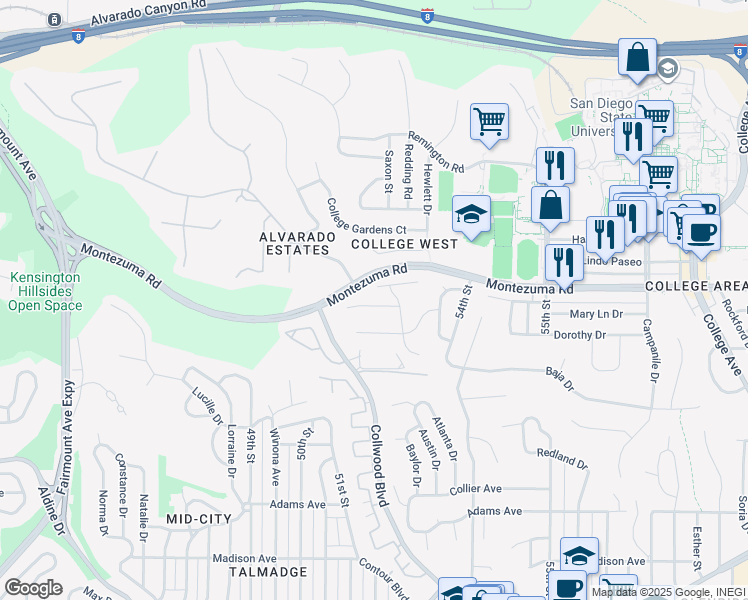 map of restaurants, bars, coffee shops, grocery stores, and more near 5201 Joan Court in San Diego