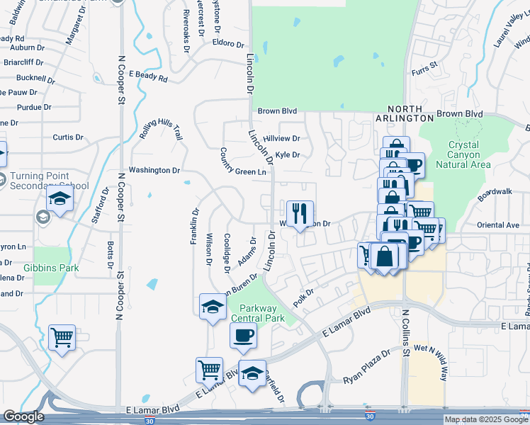 map of restaurants, bars, coffee shops, grocery stores, and more near 2224 Presidents Corner Drive in Arlington