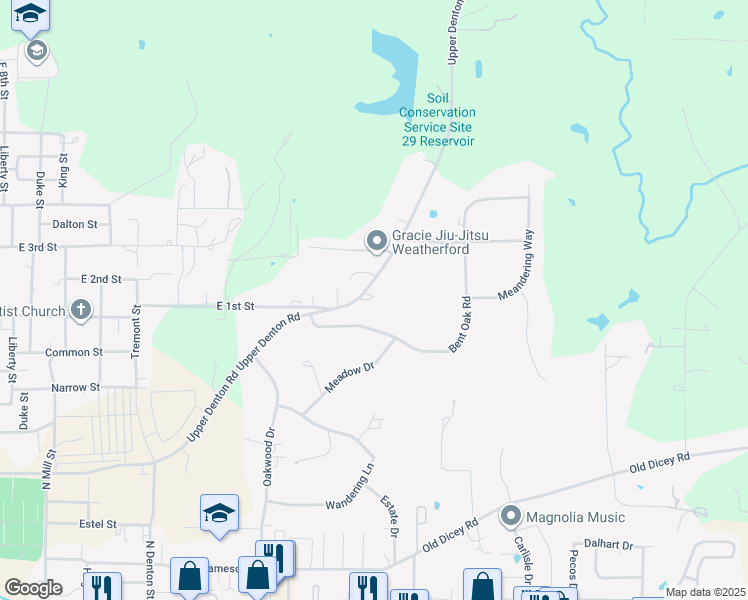 map of restaurants, bars, coffee shops, grocery stores, and more near 920 Upper Denton Road in Weatherford