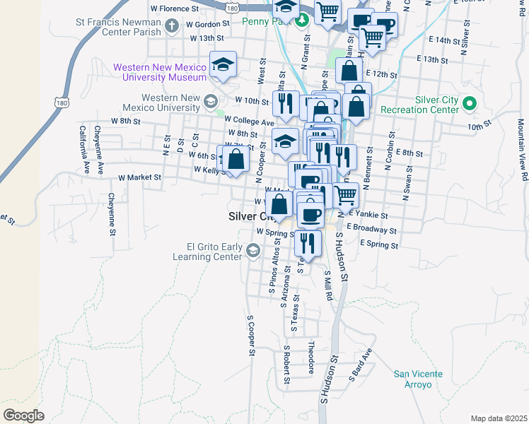 map of restaurants, bars, coffee shops, grocery stores, and more near 412 West Broadway Street in Silver City