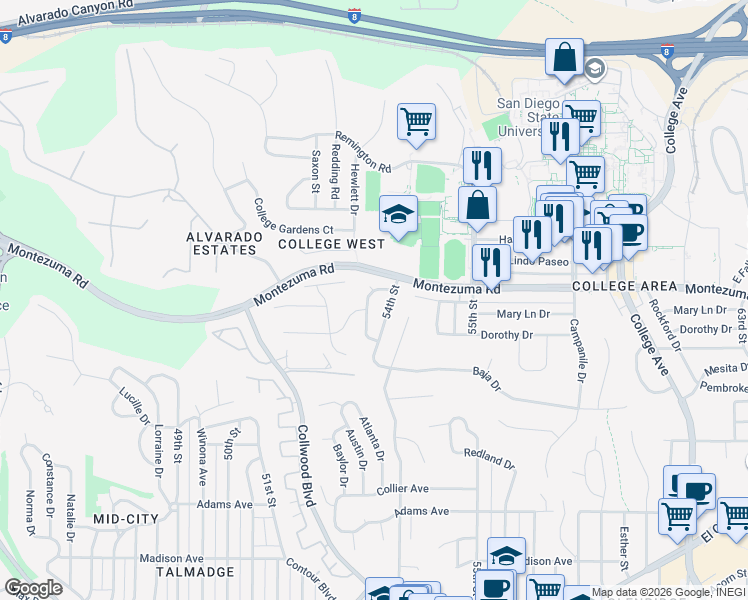 map of restaurants, bars, coffee shops, grocery stores, and more near 5056 Faber Way in San Diego