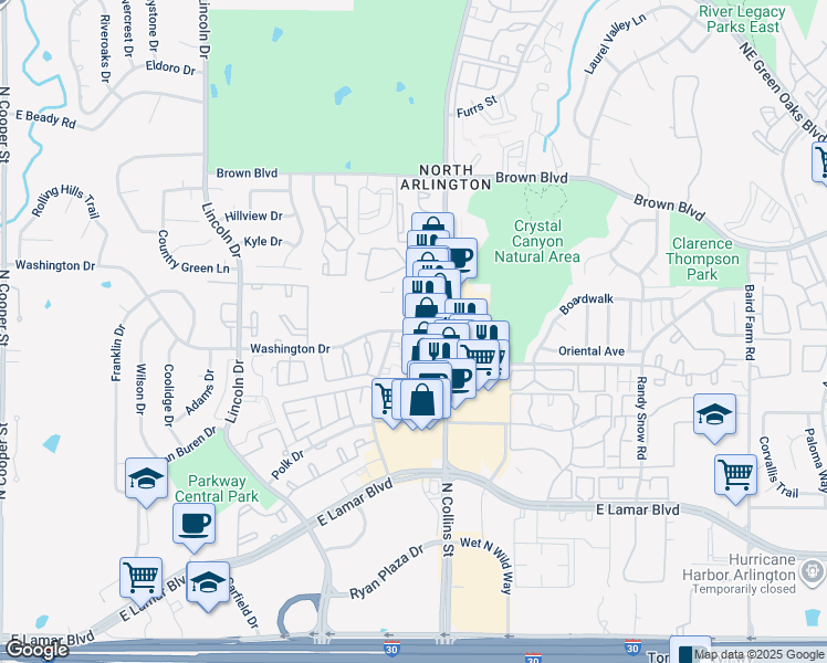 map of restaurants, bars, coffee shops, grocery stores, and more near 807 Washington Dr in Arlington